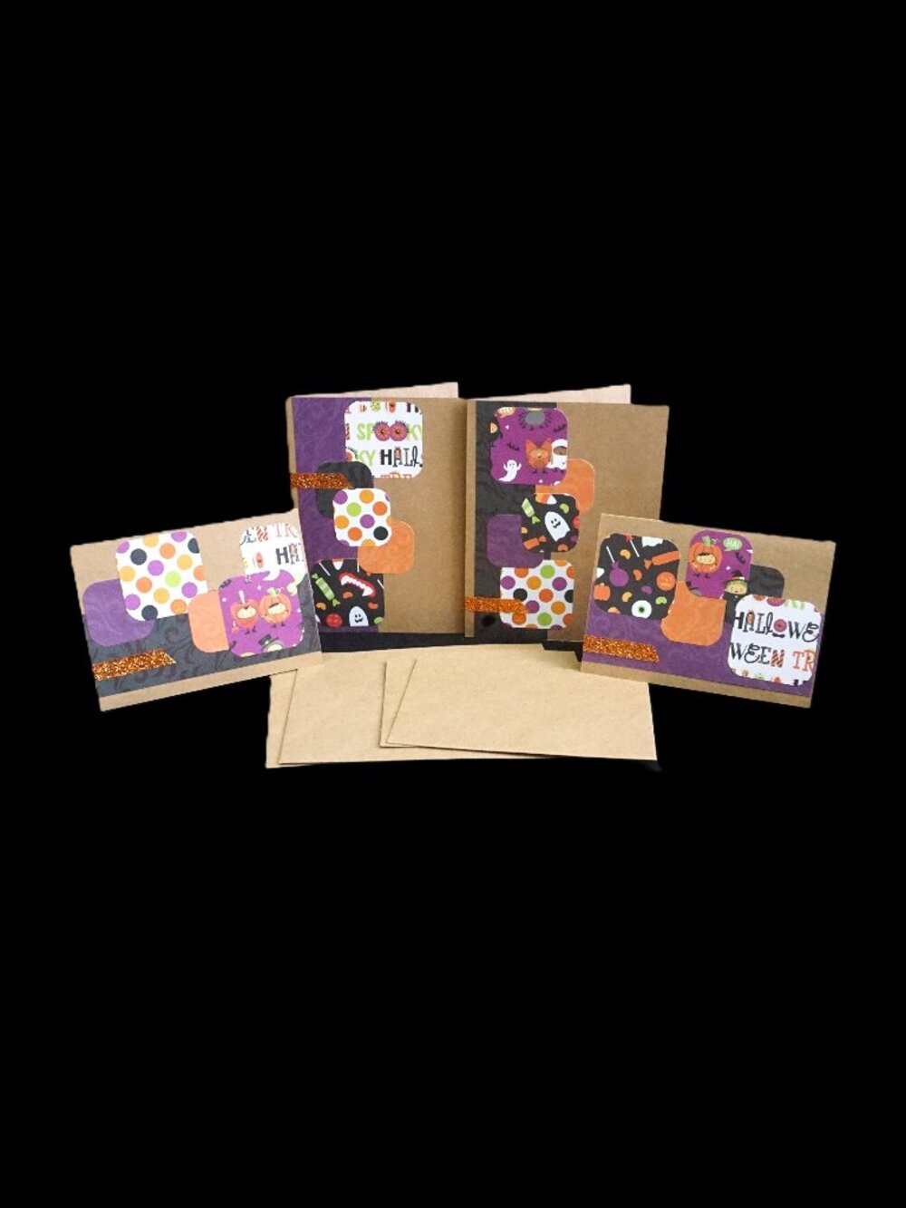 4 Halloween Handmade Greeting Cards Kraft Trick or Treat Squares Happy Halloween